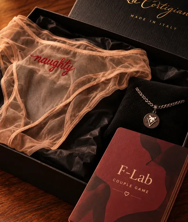 La Cortigiana intimate gift box with sheer embroidered lingerie, pendant and couple game