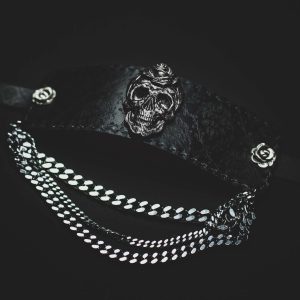 Black leather Choker with skull and flowers
