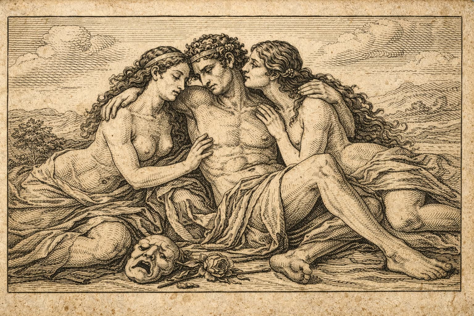 Vintage engraving depicting three entwined adult figures, an artistic interpretation of a threesome