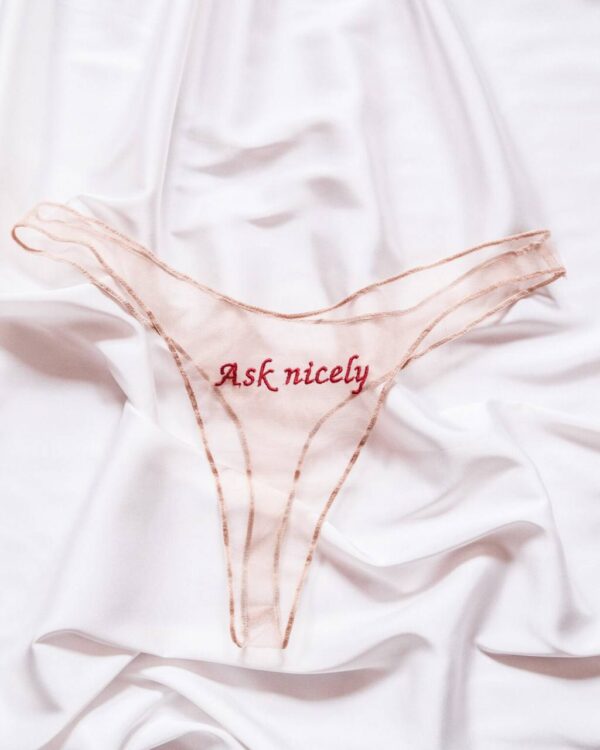 Sheer nude mesh panties with red Ask nicely embroidery by La Cortigiana