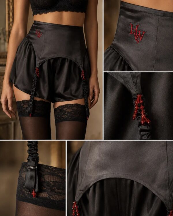 Atelier Garter black satin garter with HW embroidery and red crystal details