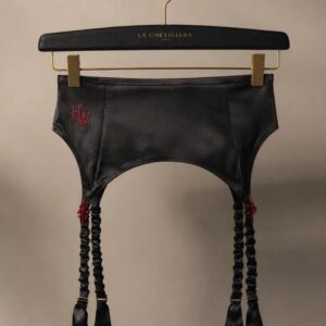 Atelier Garter handmade black satin accessory on La Cortigiana hanger