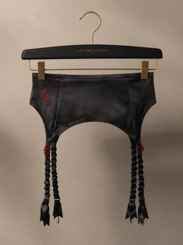 Atelier Garter handmade black satin accessory on La Cortigiana hanger