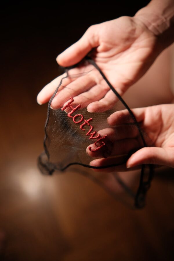 Close view of red Hotwife embroidery through black mesh
