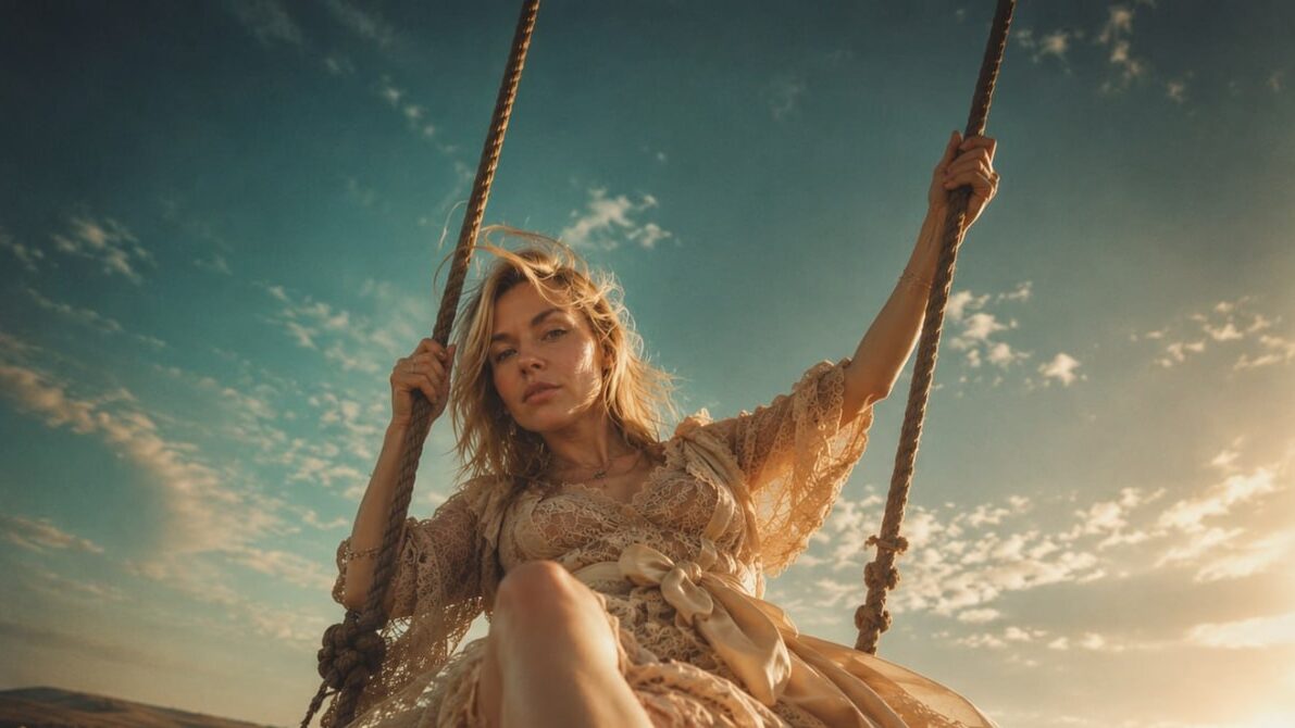 Woman on a swing in golden field - emotional safety in swinging