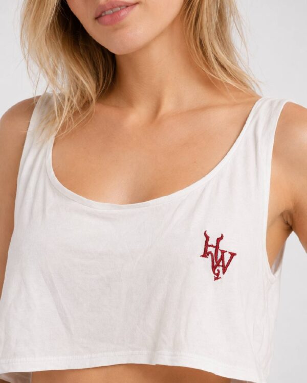 Hotwife embroidery close-up on white crop top