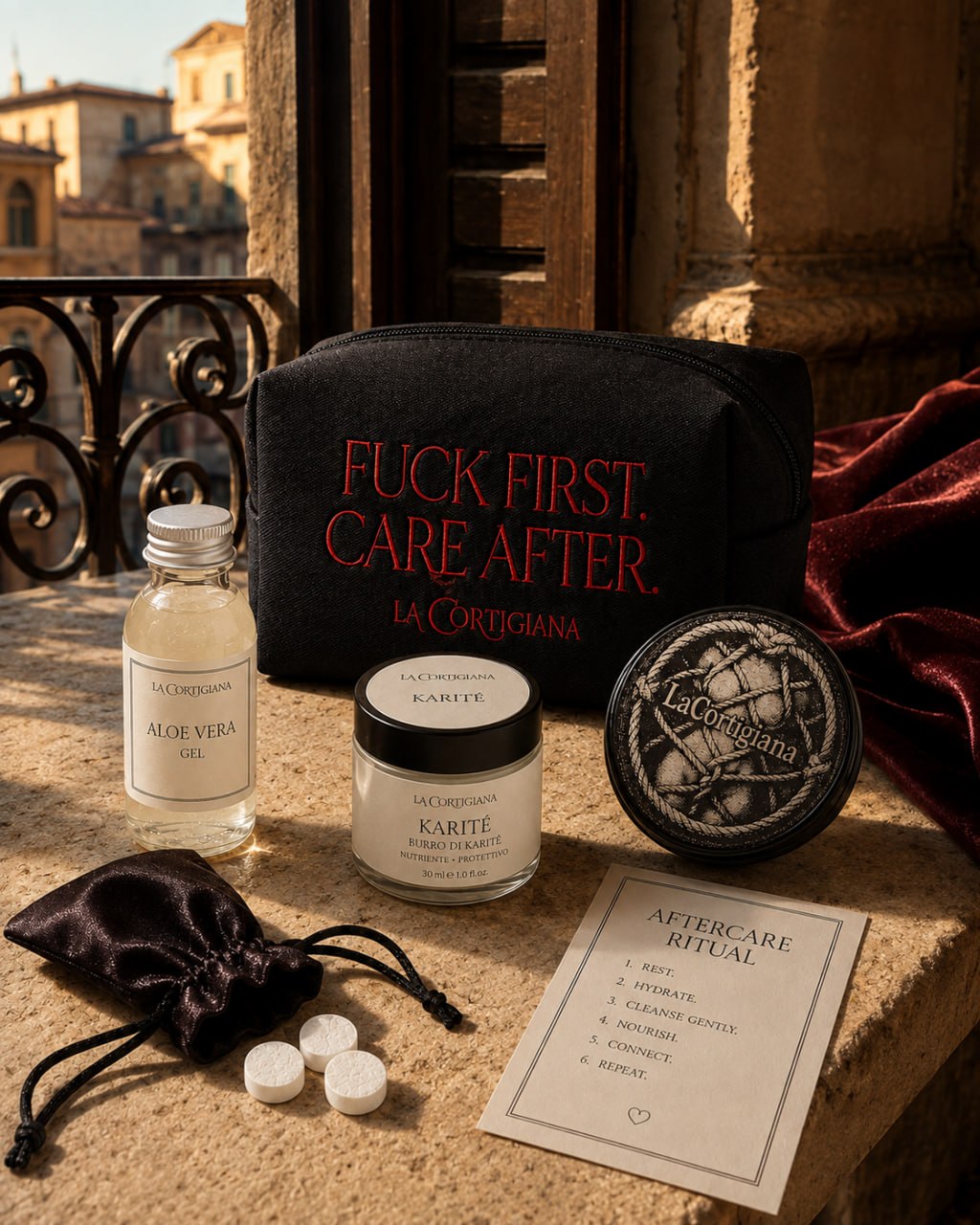 La Cortigiana Aftercare Ritual Kit with embroidered pouch and care essentials